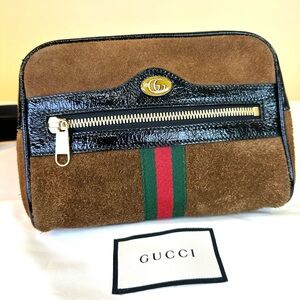 Gucci Ophidia Small Belt Bag Brown Suede Black Patent 85/34, 29.5-37.5” COA